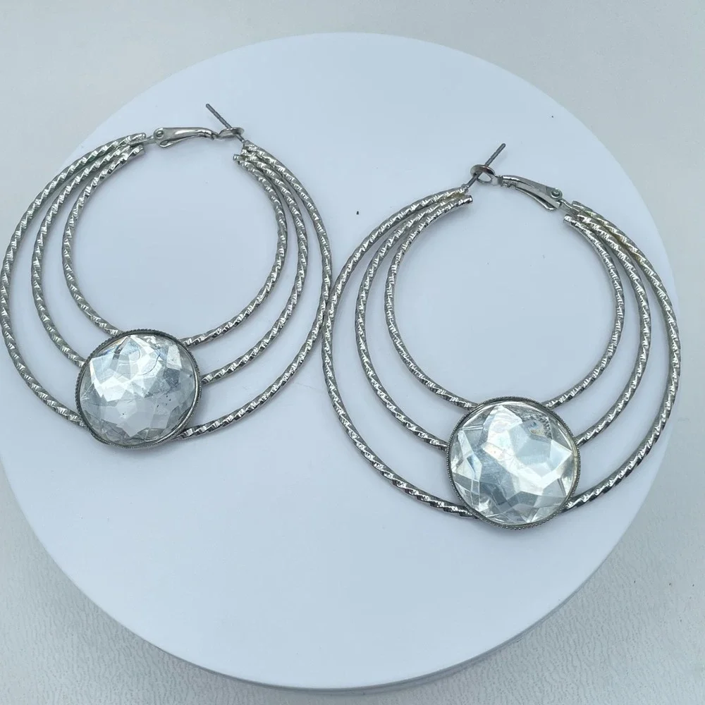 Vintage 80s Silver Tone Triple Hoop Earrings Clear Glass Women's Classic Jewelry